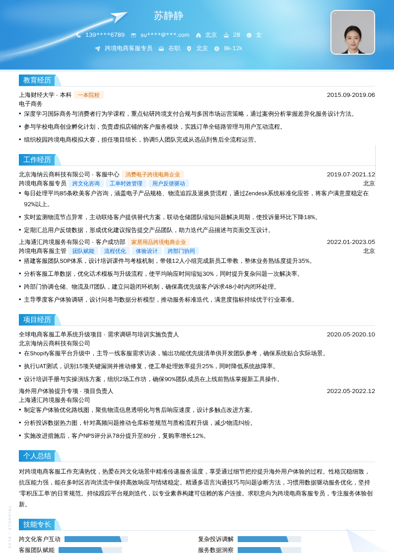 跨境电商客服专员简历模板