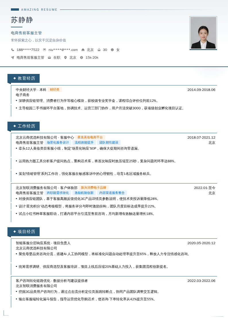 电商售前客服主管简历模板