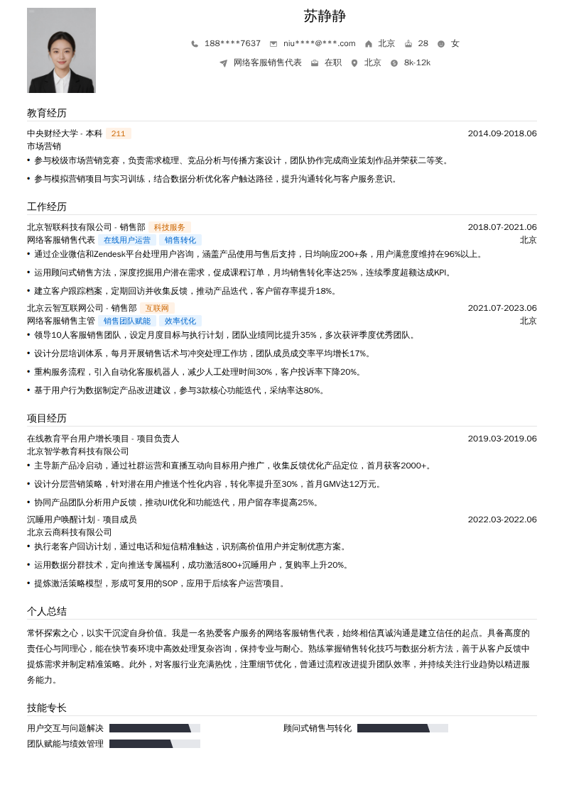 网络客服销售代表简历模板