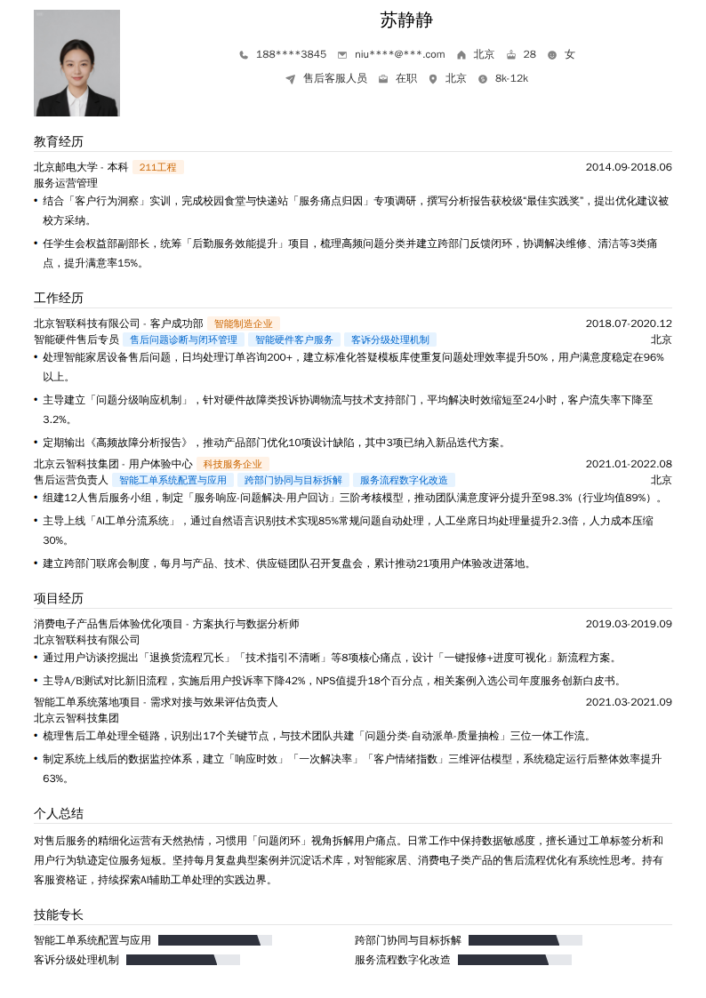 售后客服人员简历模板