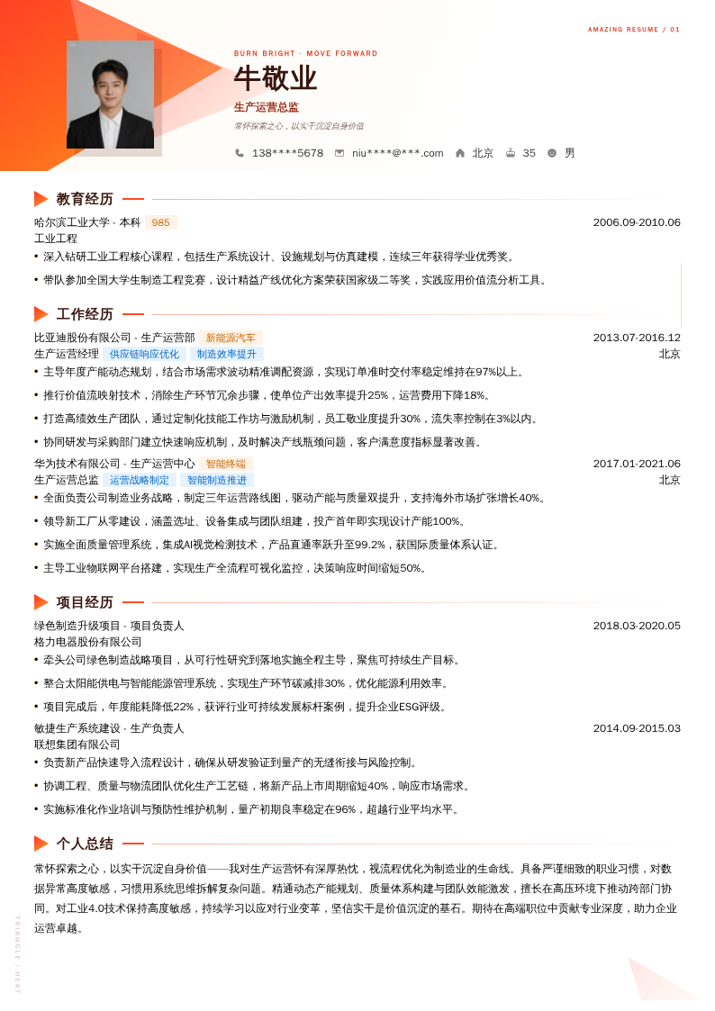 生产运营总监简历模板