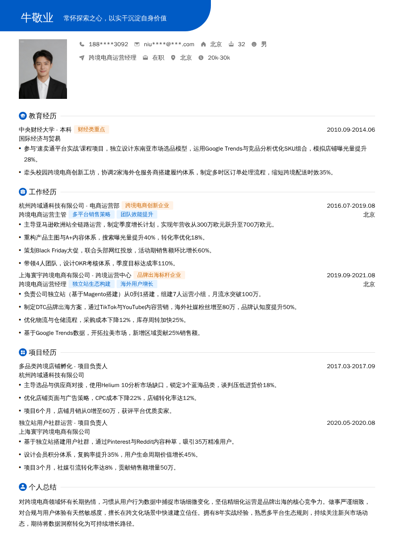 跨境电商运营经理简历模板