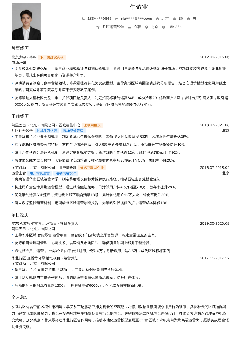 片区运营经理简历模板