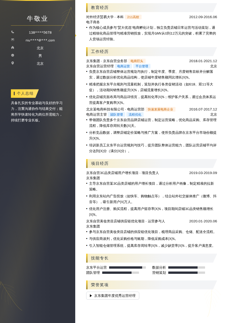 京东自营运营经理简历模板