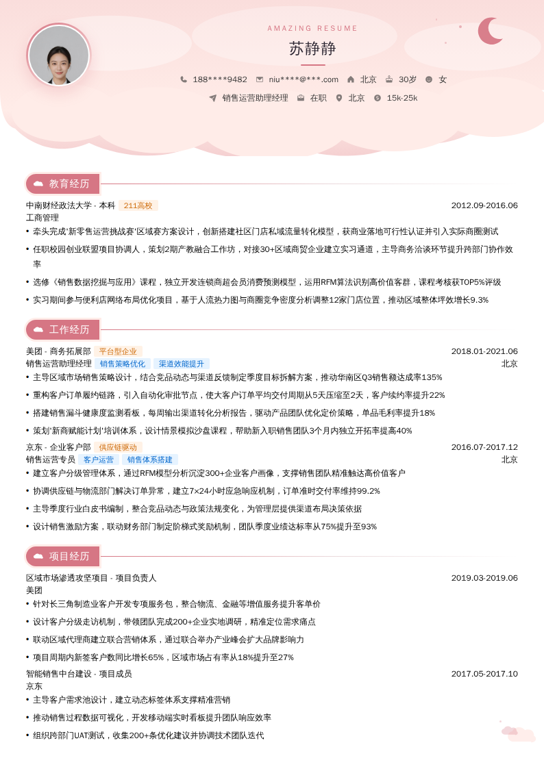 销售运营助理经理简历模板