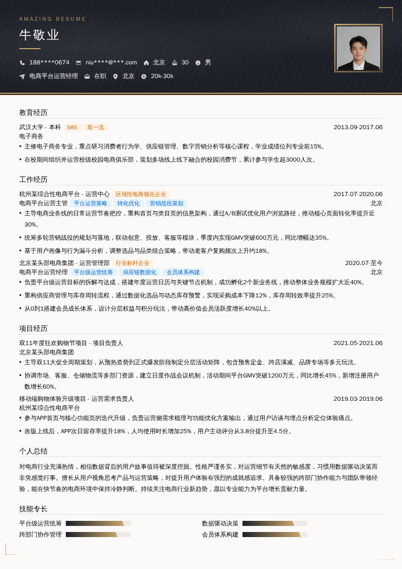 电商平台运营经理简历模板