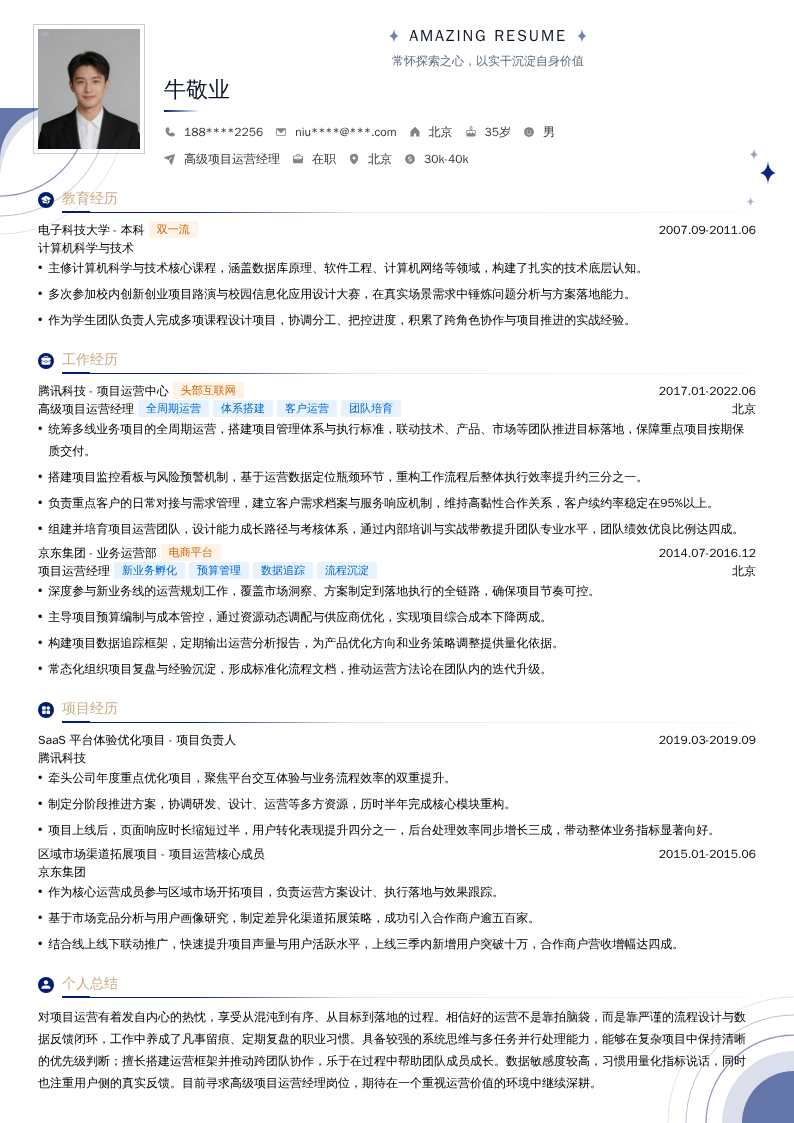 高级项目运营经理简历模板