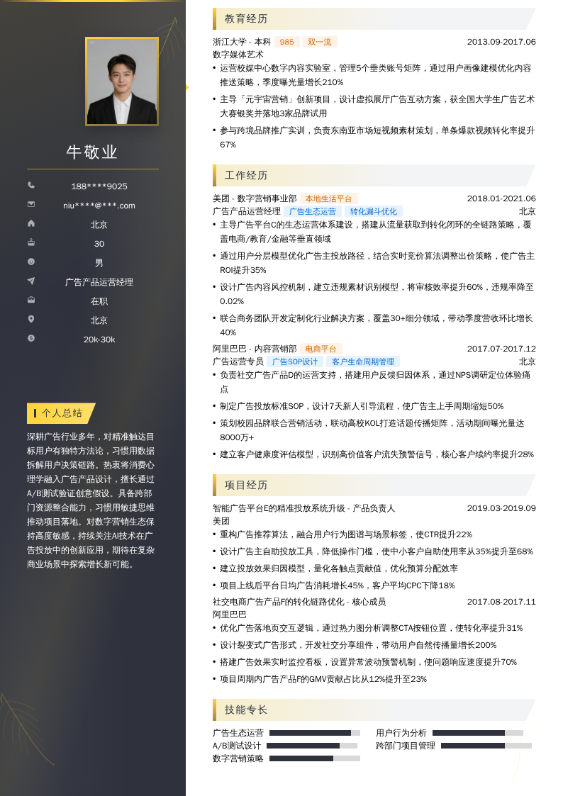 广告产品运营经理简历模板