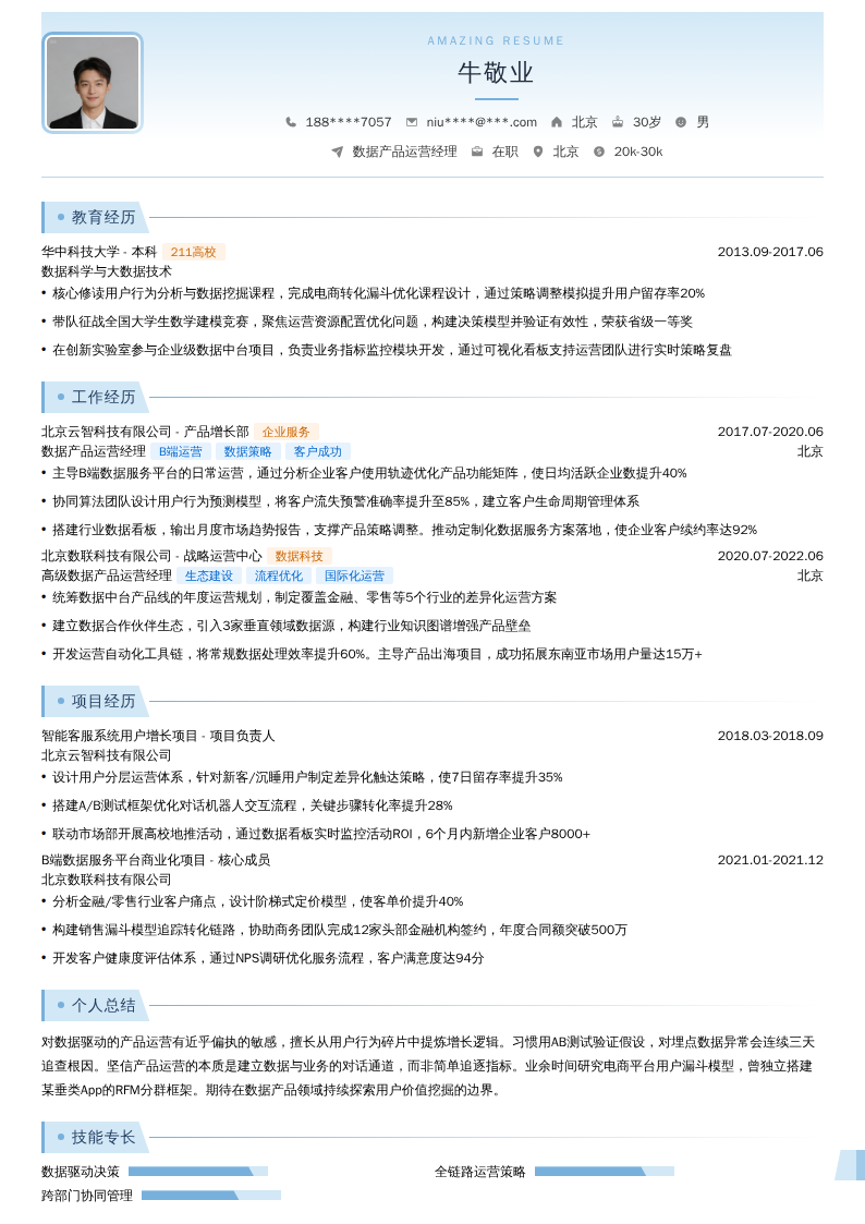 数据产品运营经理简历模板