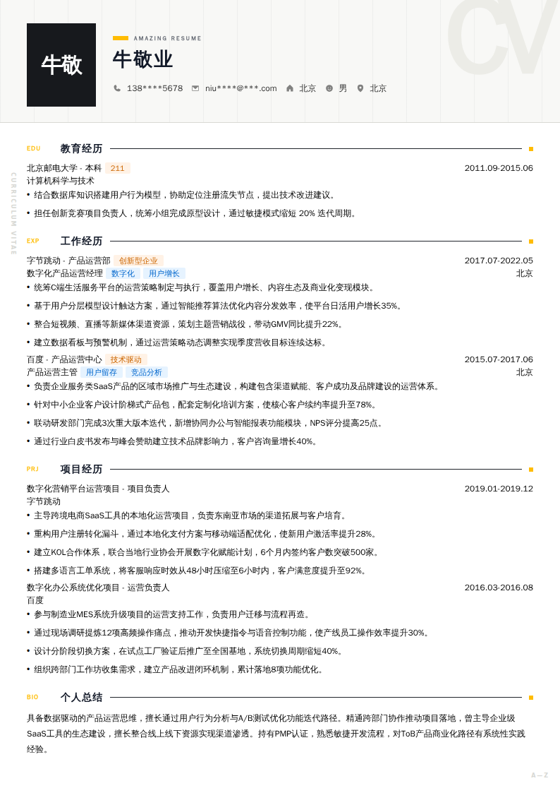 数字化产品运营经理简历模板