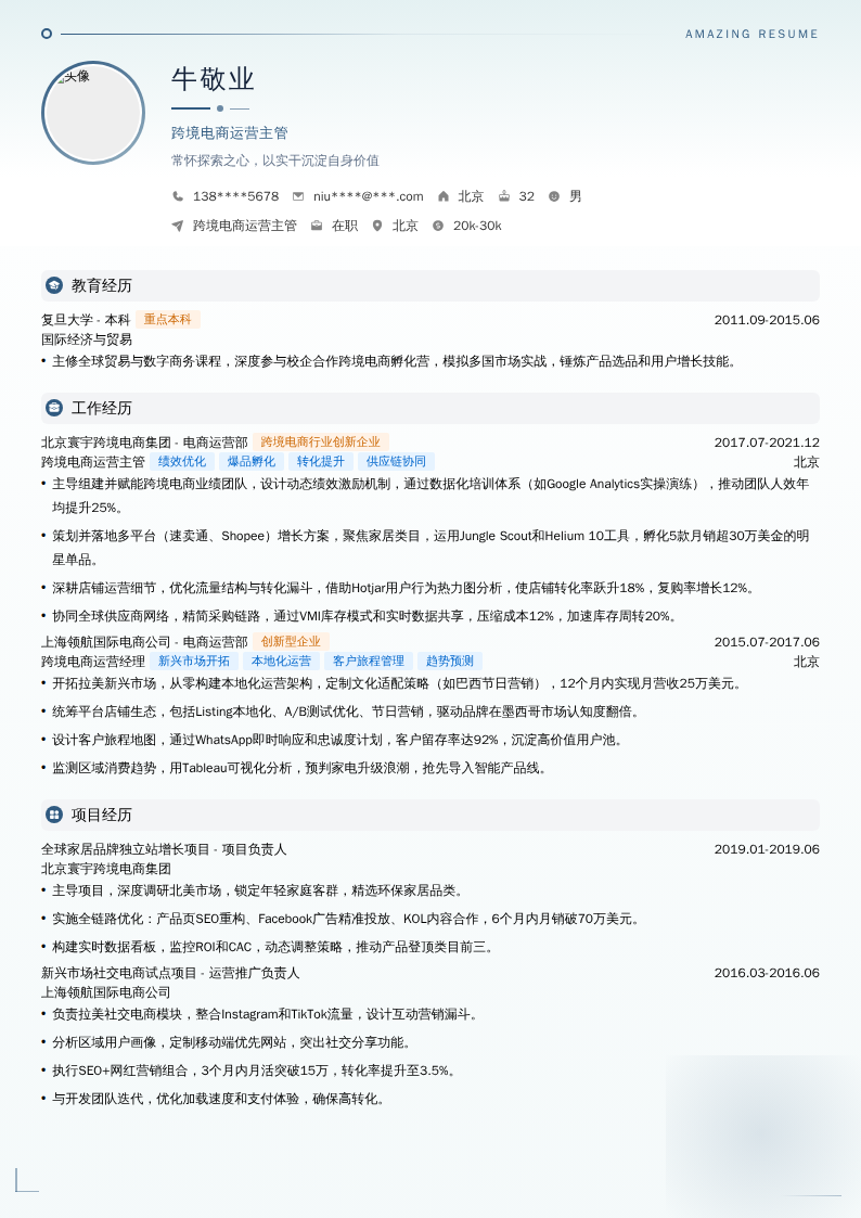 跨境电商运营主管简历模板