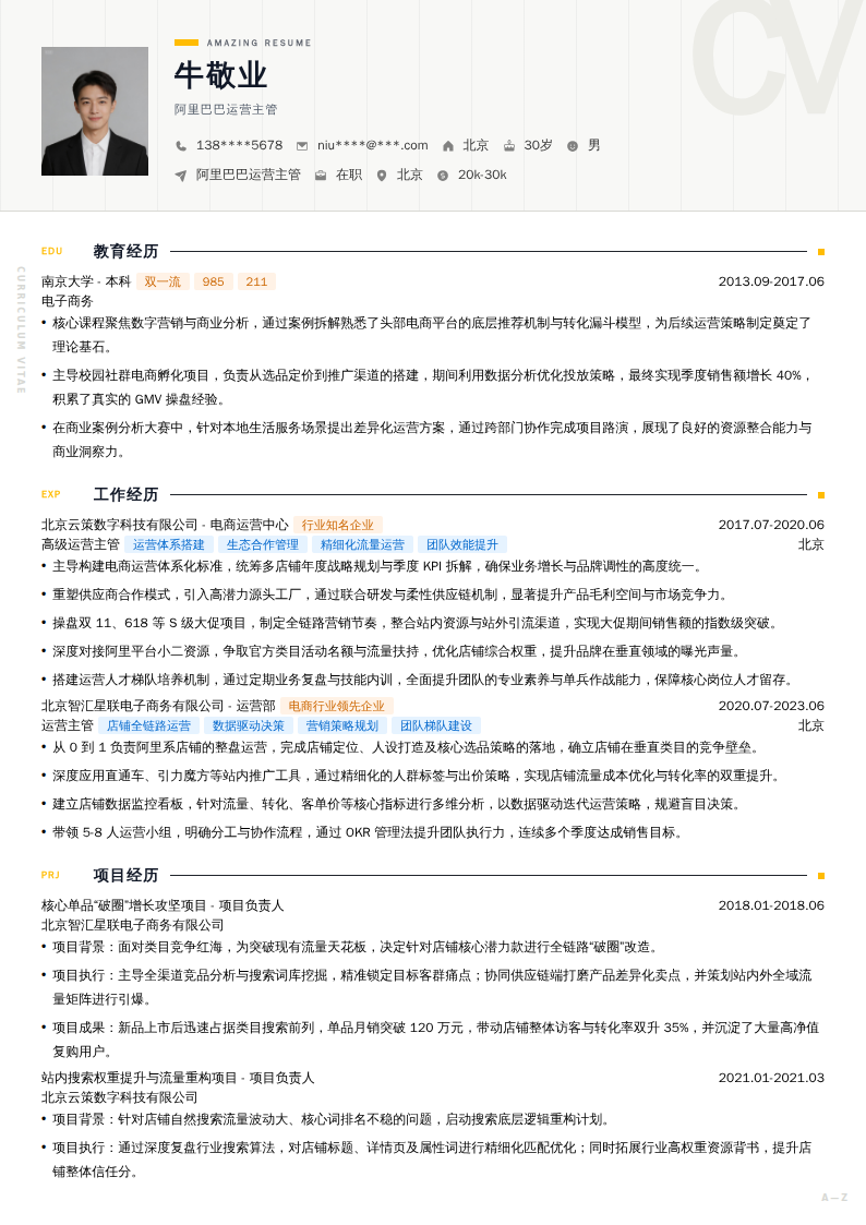 阿里巴巴运营主管简历模板