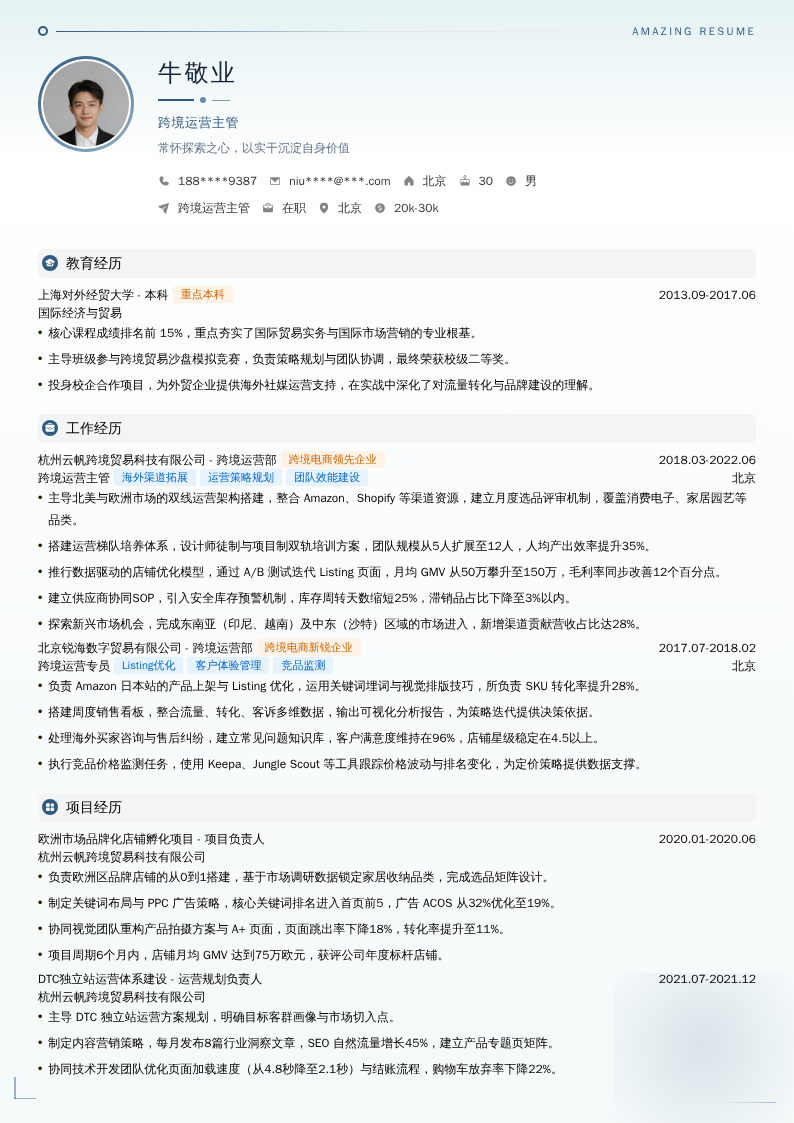 跨境运营主管简历模板