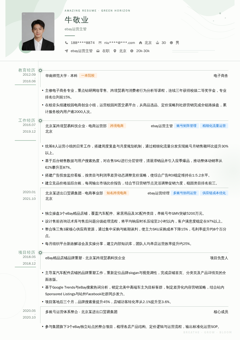 ebay运营主管简历模板