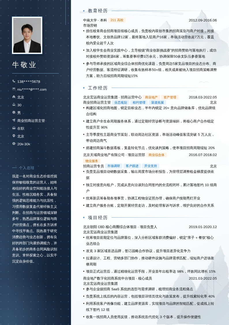 商业招商运营主管简历模板