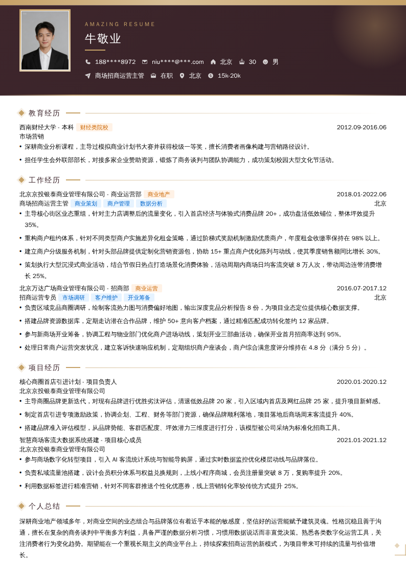 商场招商运营主管简历模板