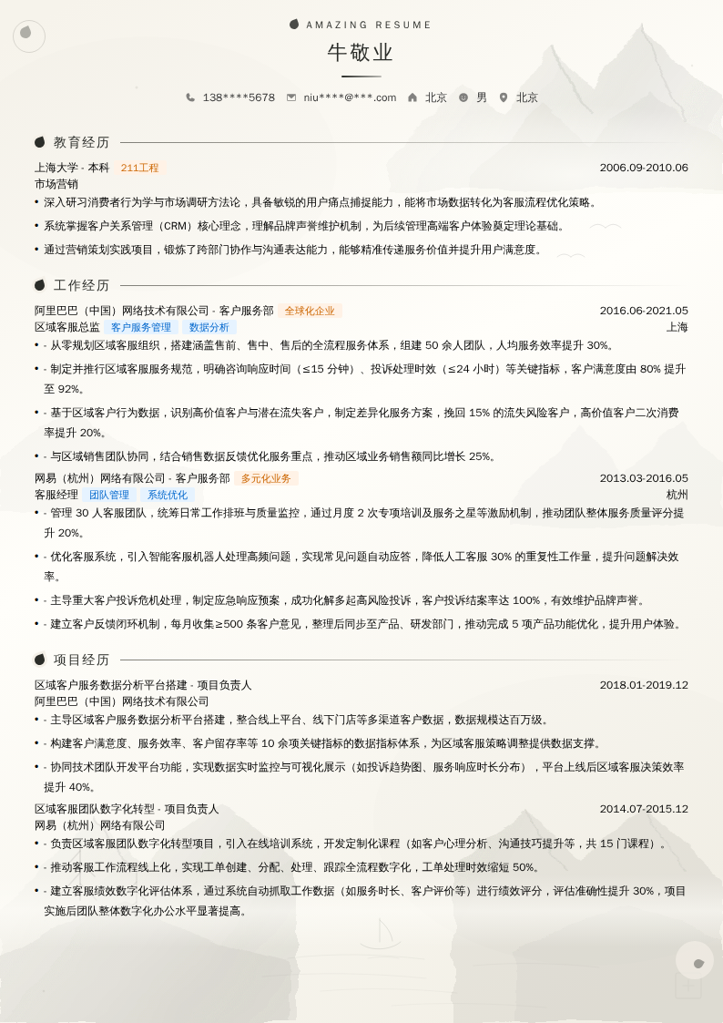 区域客服总监简历模板