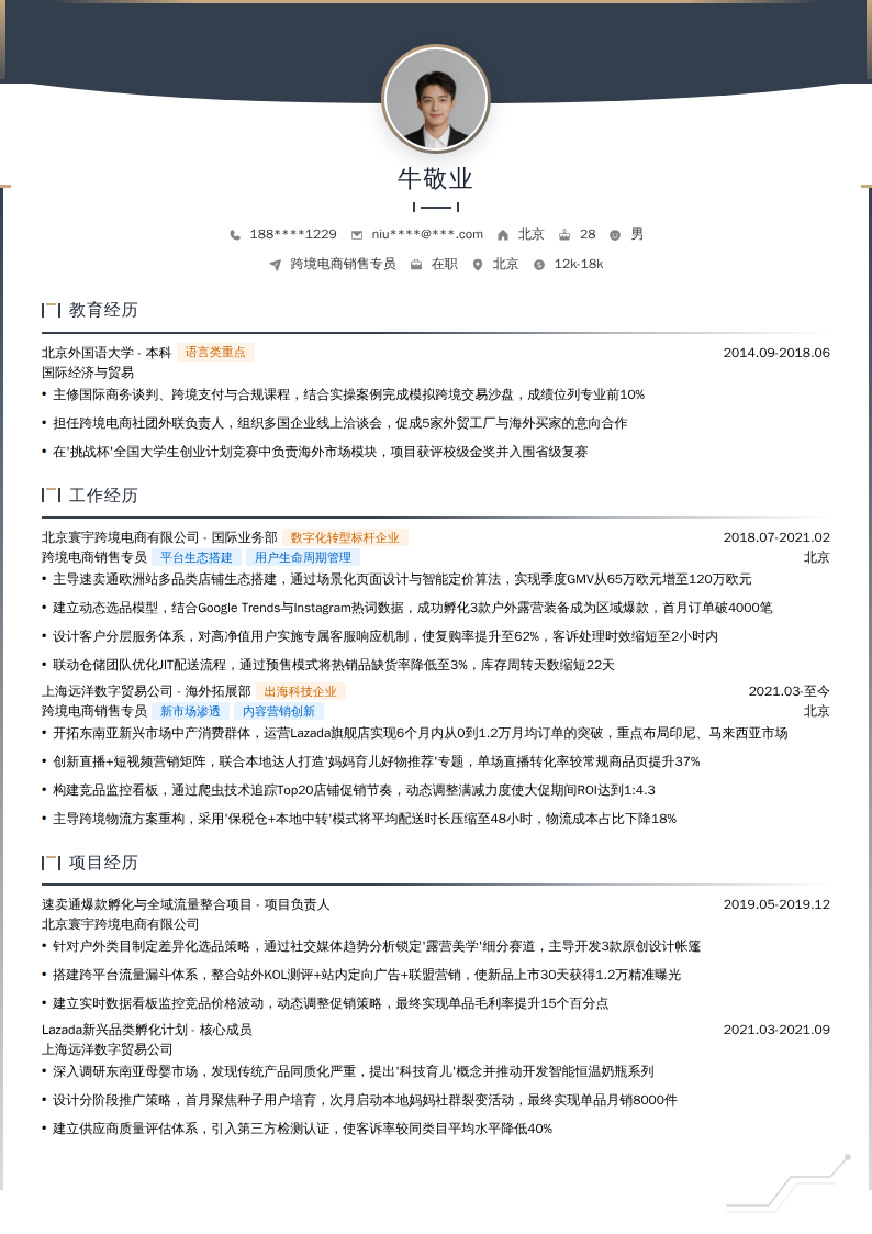 跨境电商销售专员简历模板