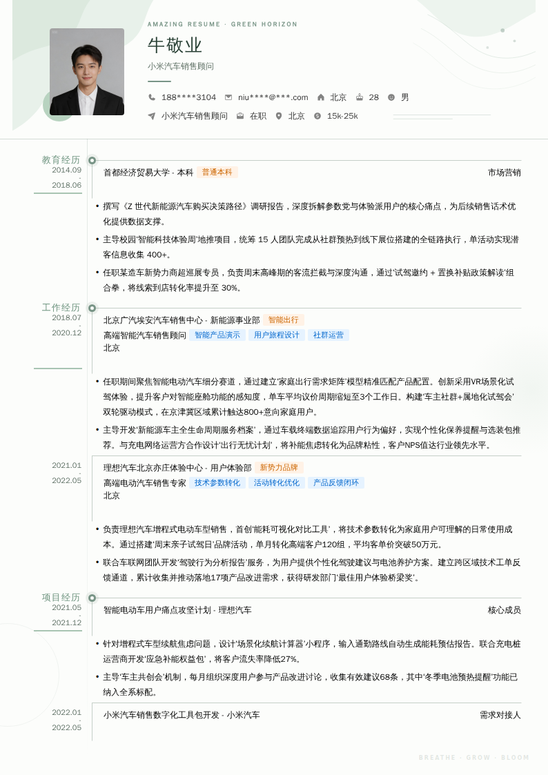 小米汽车销售顾问简历模板