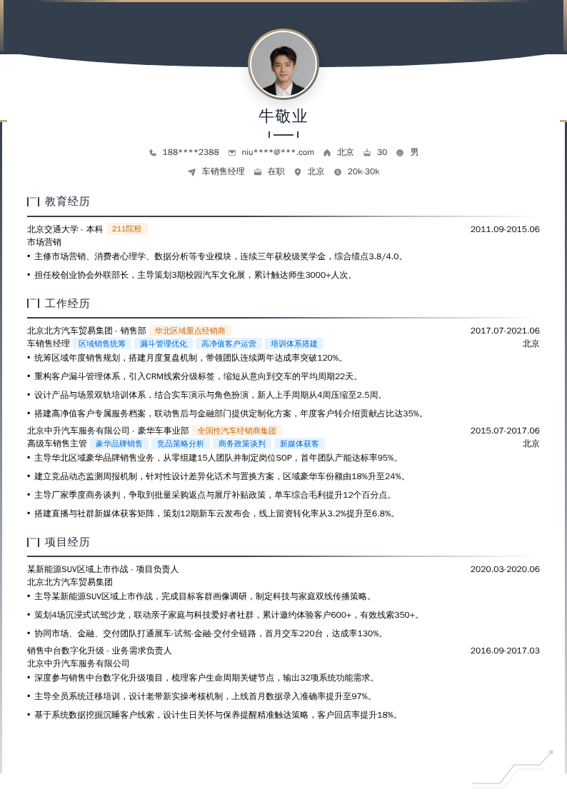 车销售经理简历模板