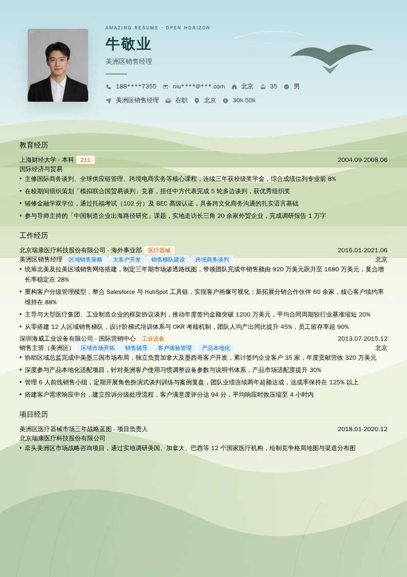 美洲区销售经理简历模板