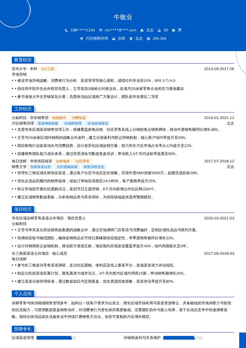 片区销售经理简历模板
