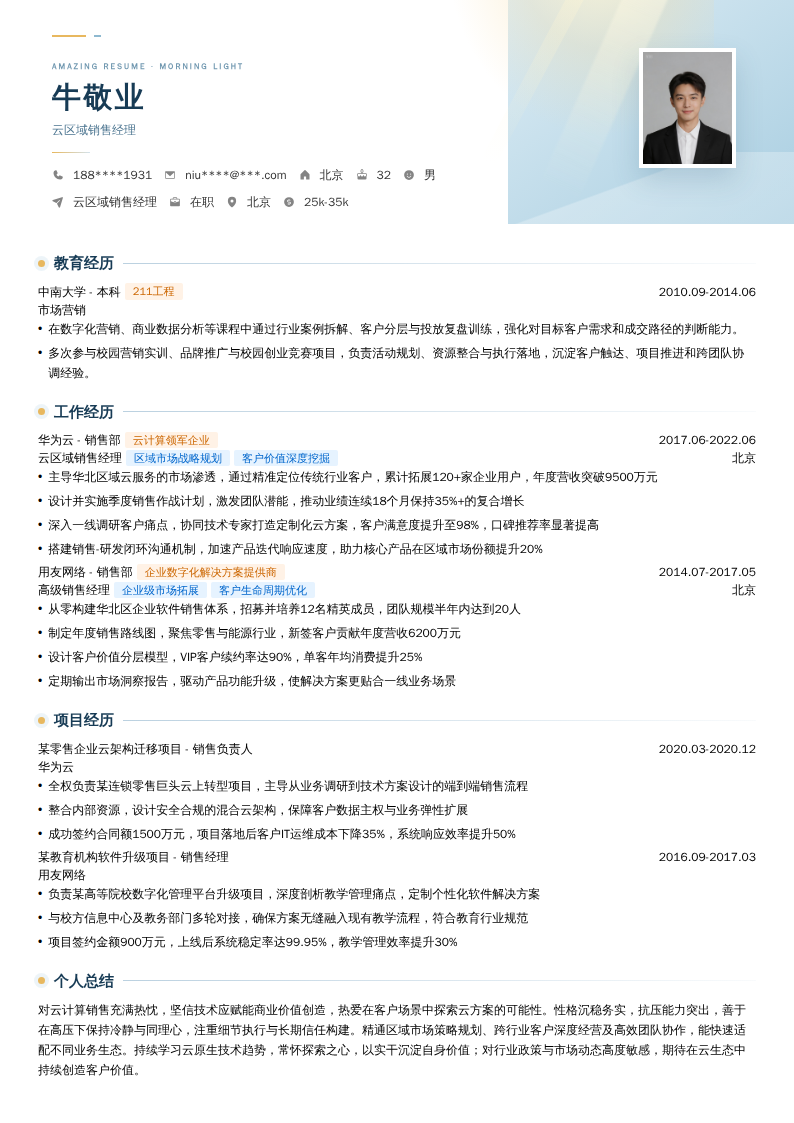云区域销售经理简历模板