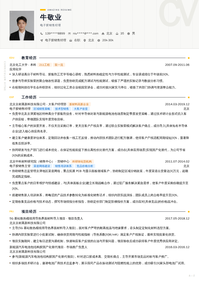 电子胶销售经理简历模板