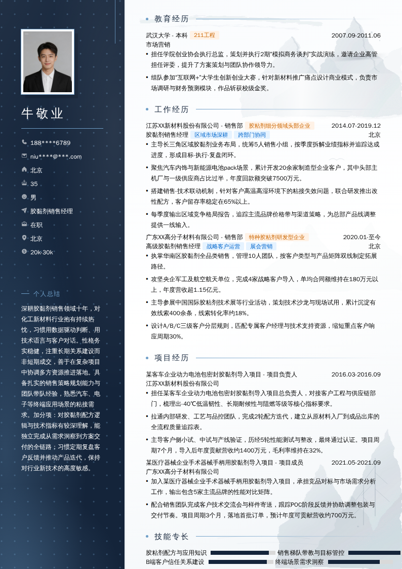 胶黏剂销售经理简历模板