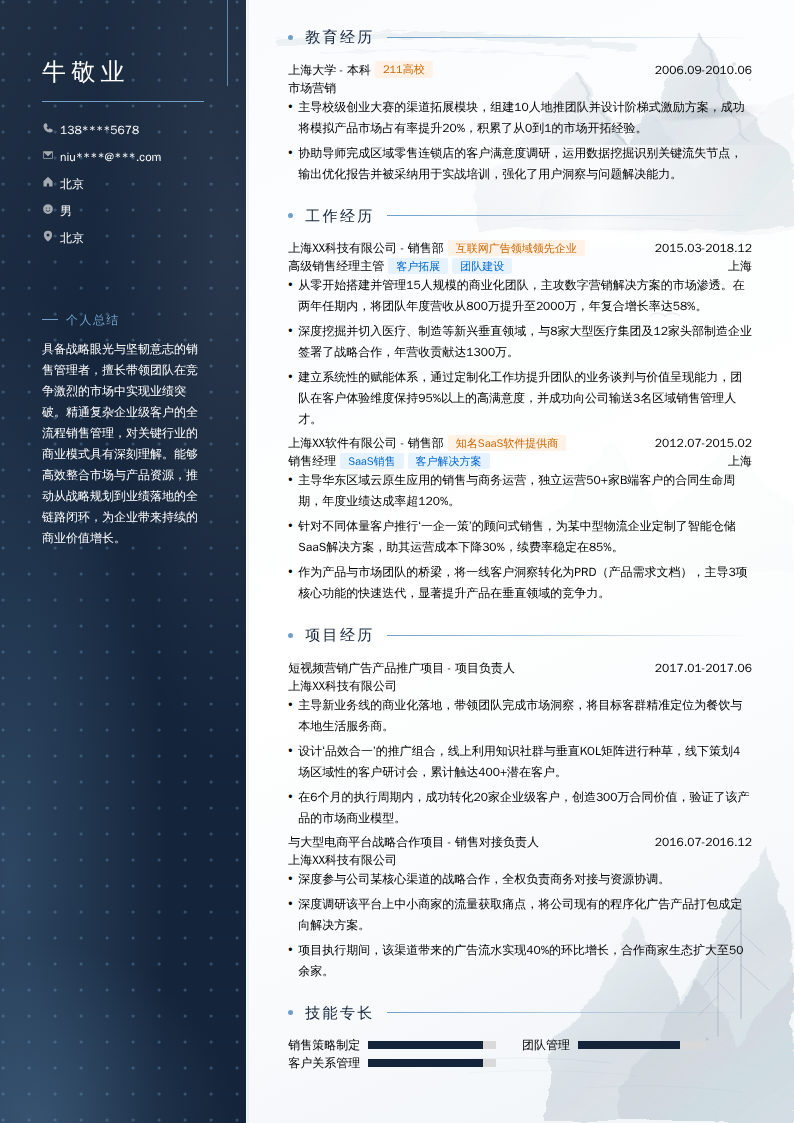 高级销售经理主管简历模板