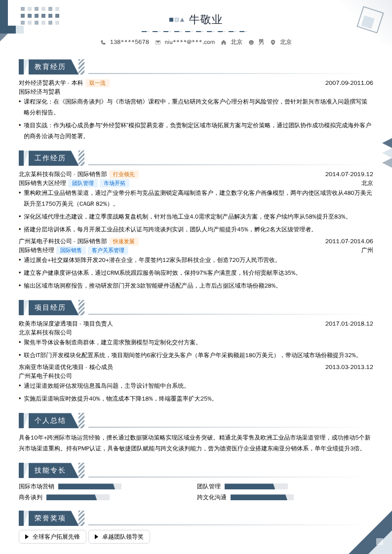 国际销售大区经理简历模板