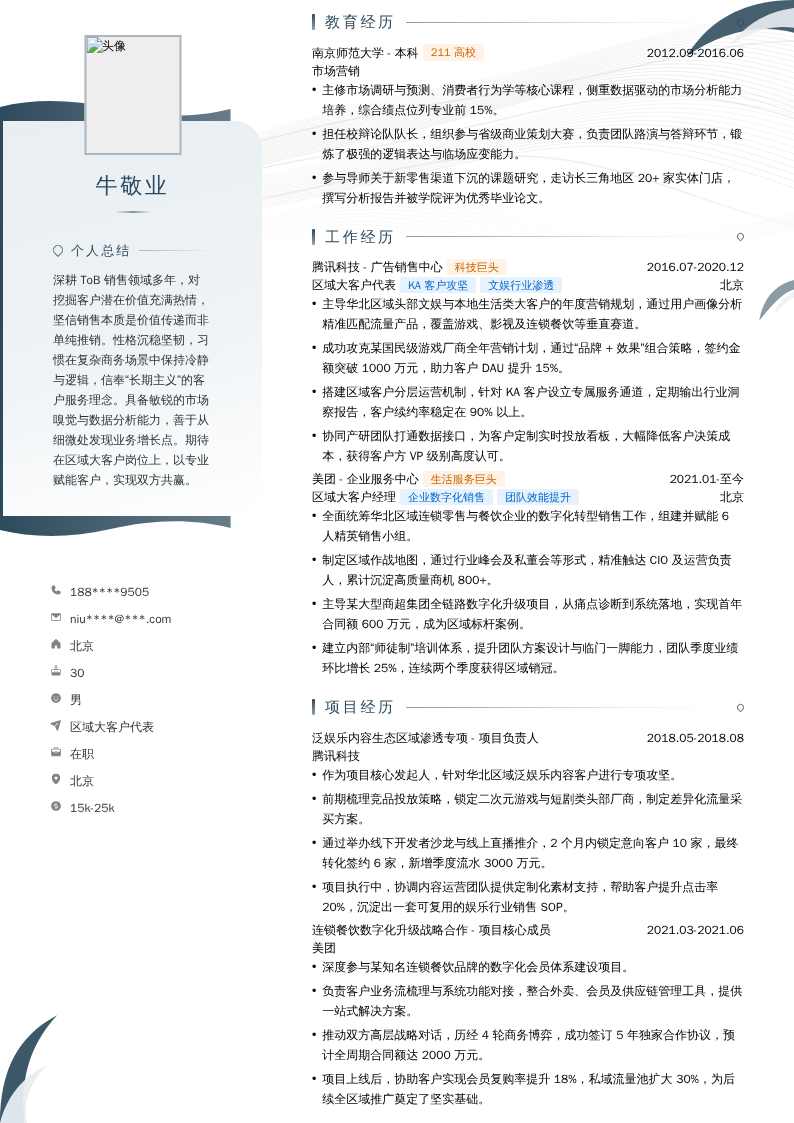 区域大客户代表简历模板