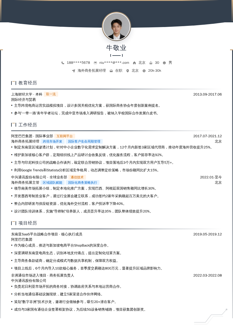 海外商务拓展经理简历模板