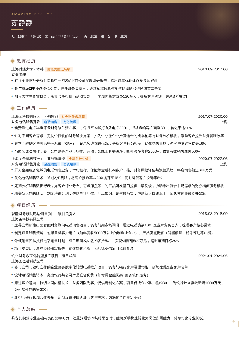 财务电话销售开发简历模板