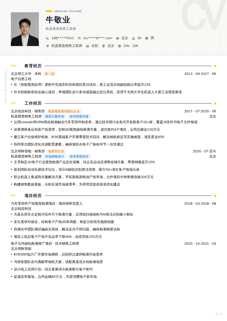 机器视觉销售工程师简历模板