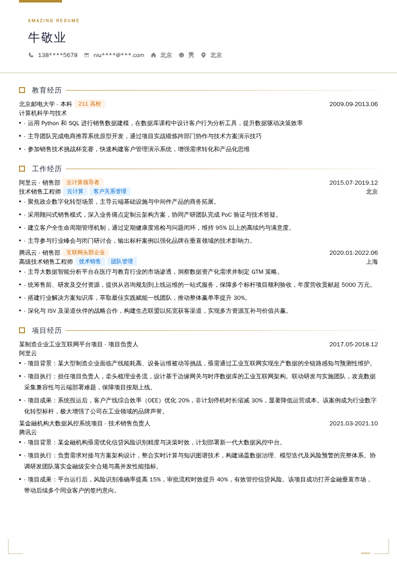 高级技术销售工程师简历模板