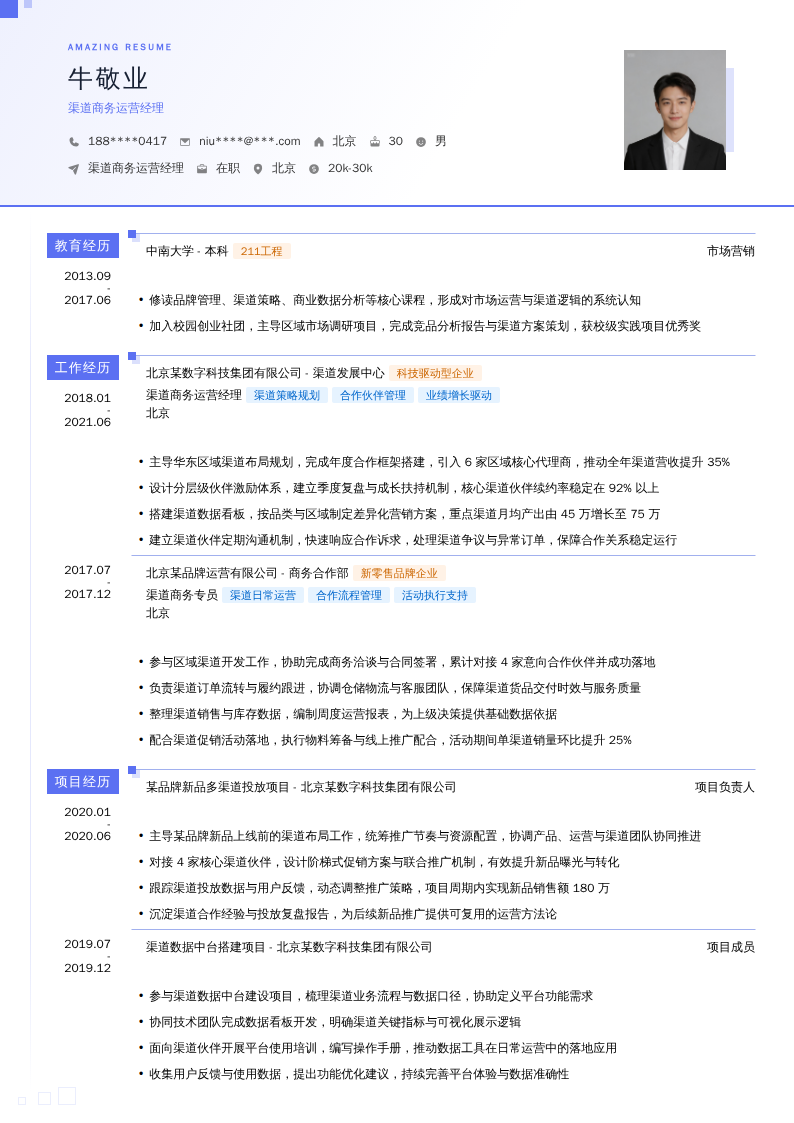 渠道商务运营经理简历模板