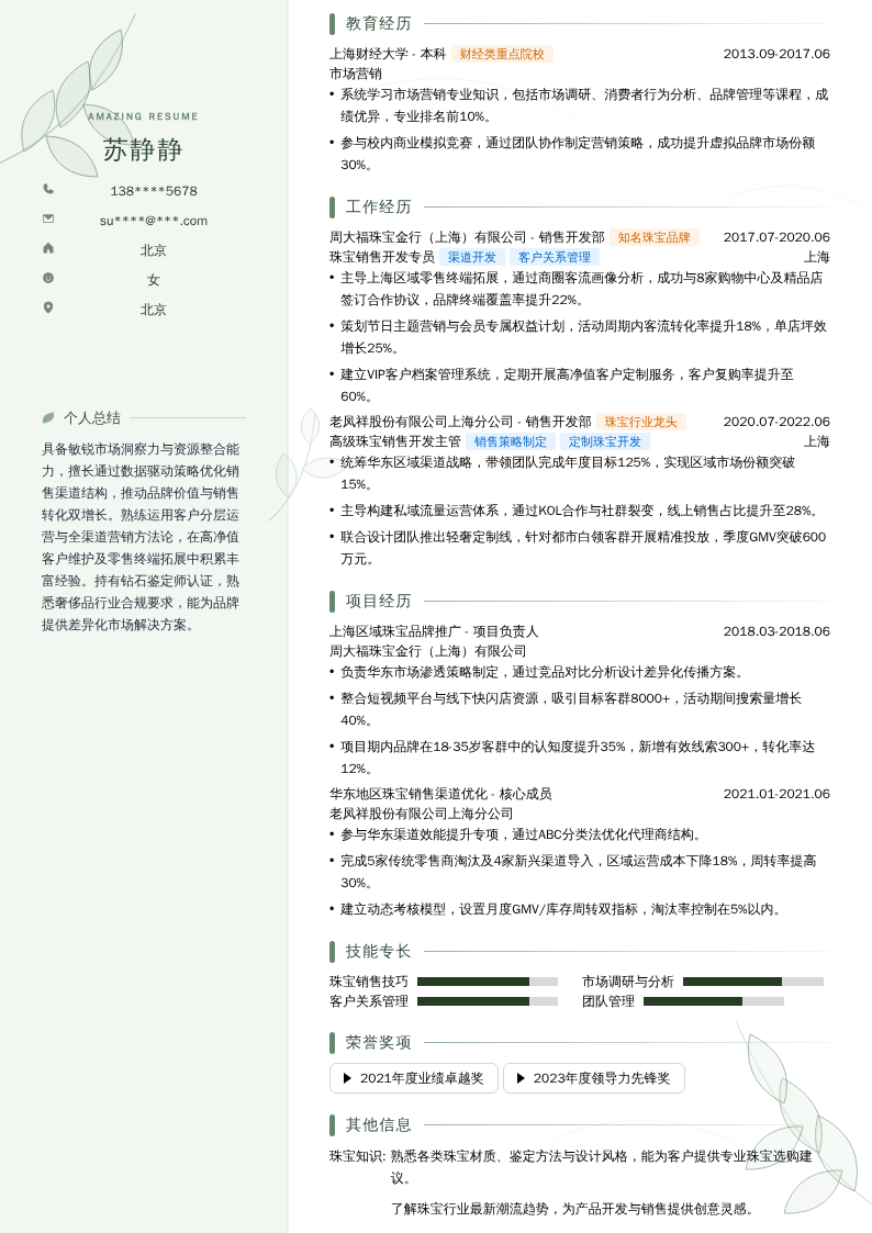 珠宝销售开发简历模板
