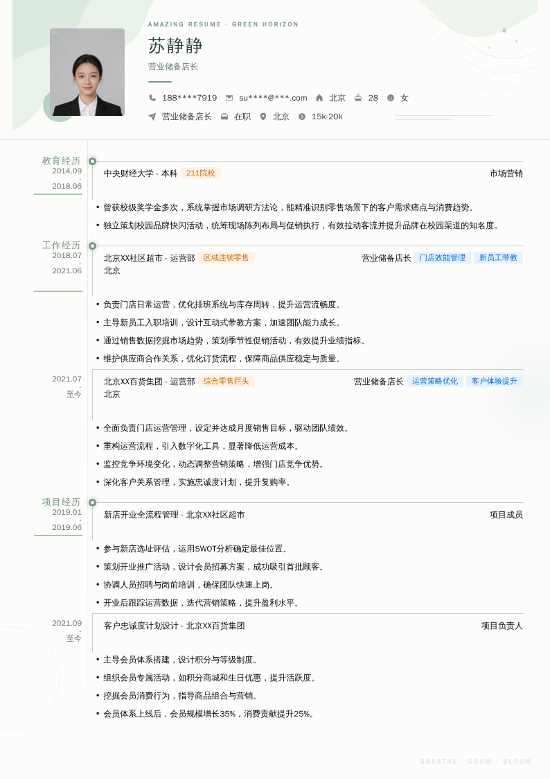 营业储备店长简历模板
