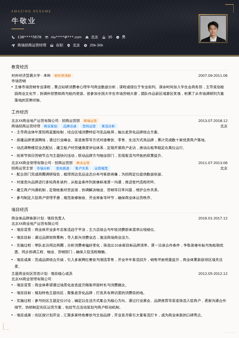 商场招商运营经理简历模板
