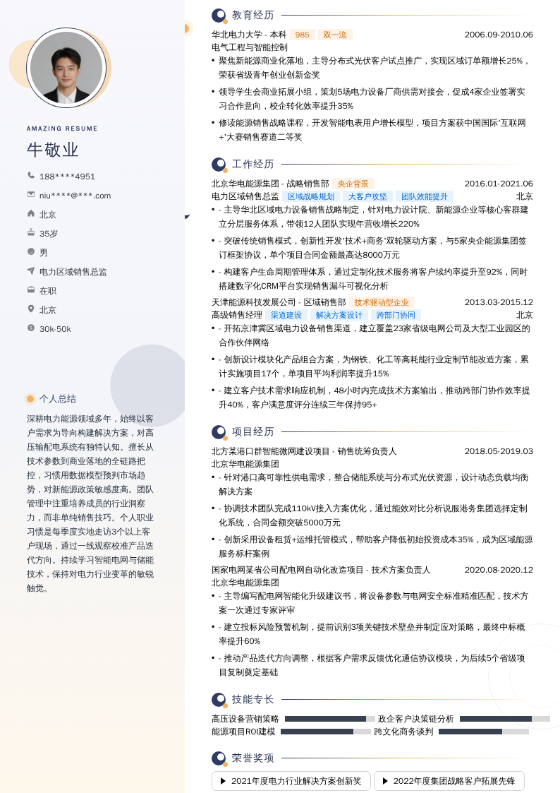 电力区域销售总监简历模板