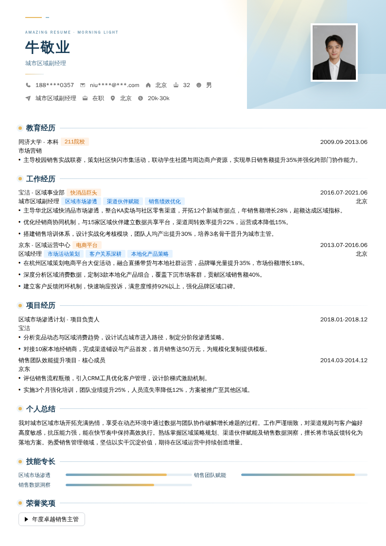 城市区域副经理简历模板