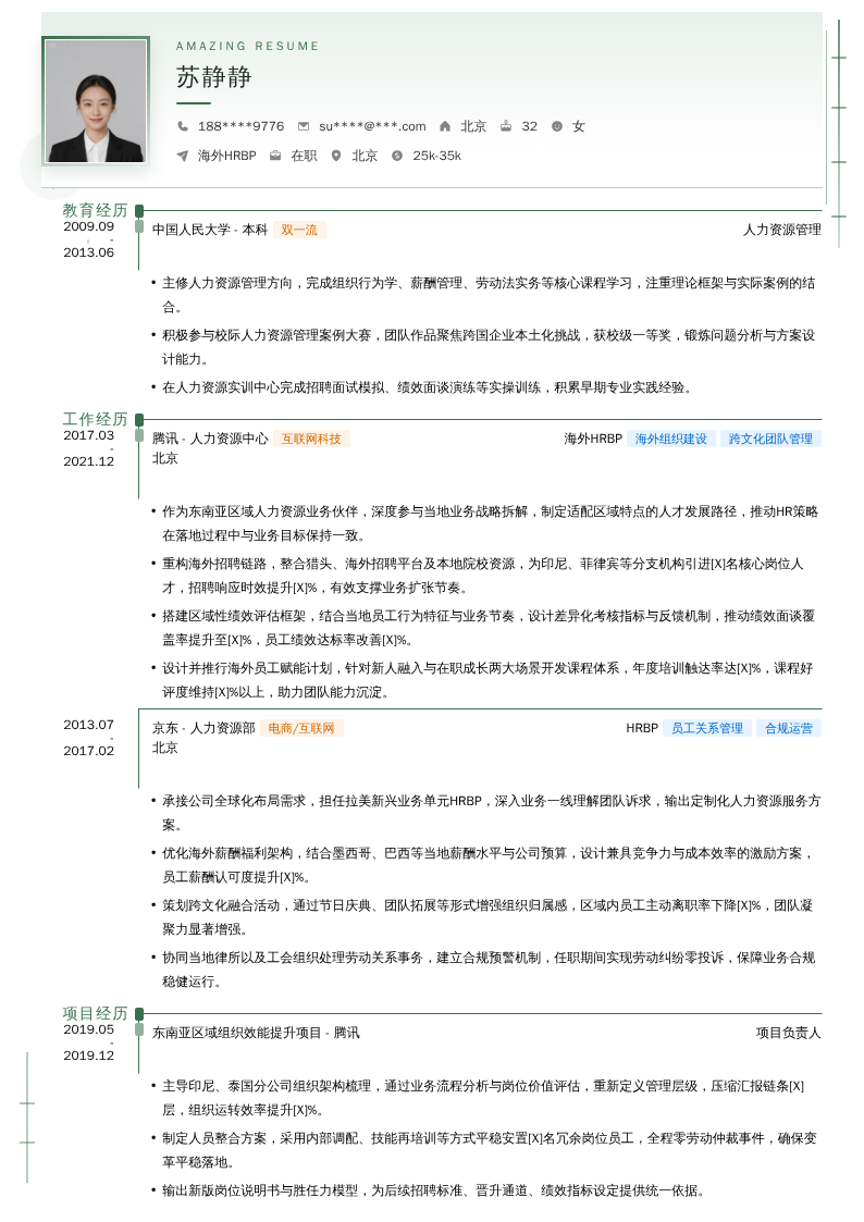 海外HRBP简历模板