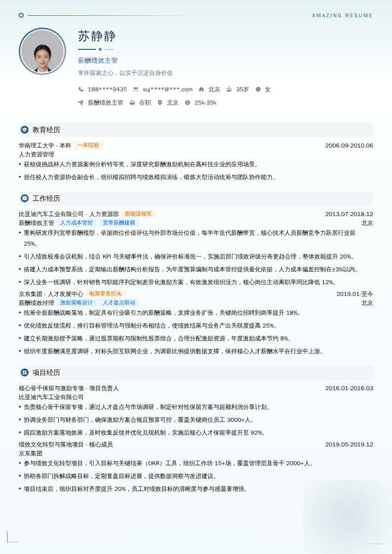 薪酬绩效主管简历模板