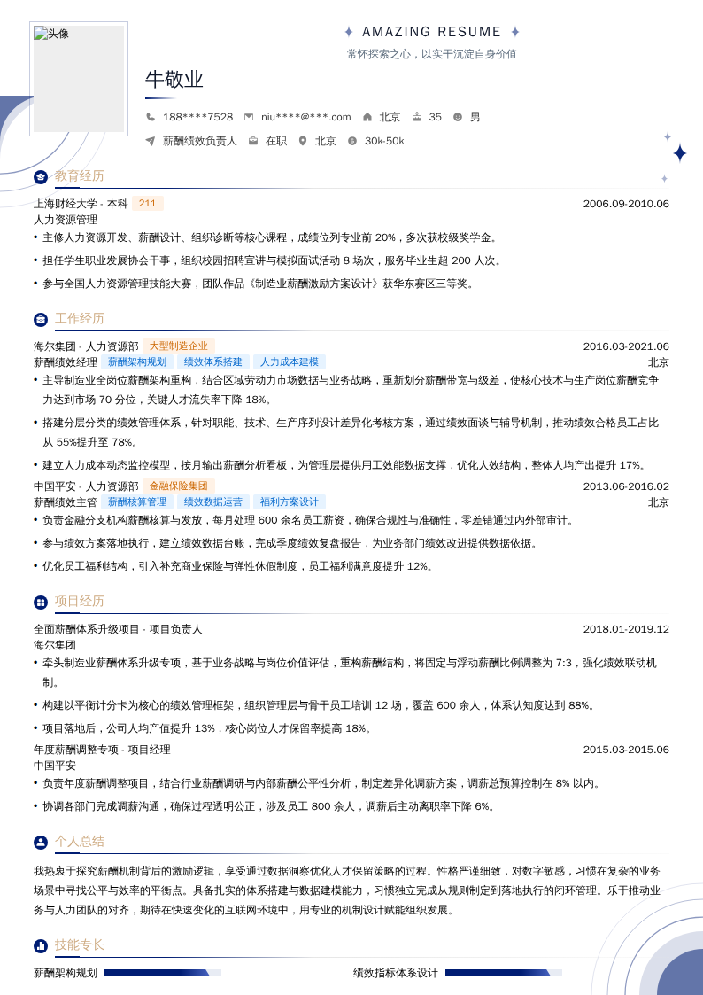 薪酬绩效负责人简历模板