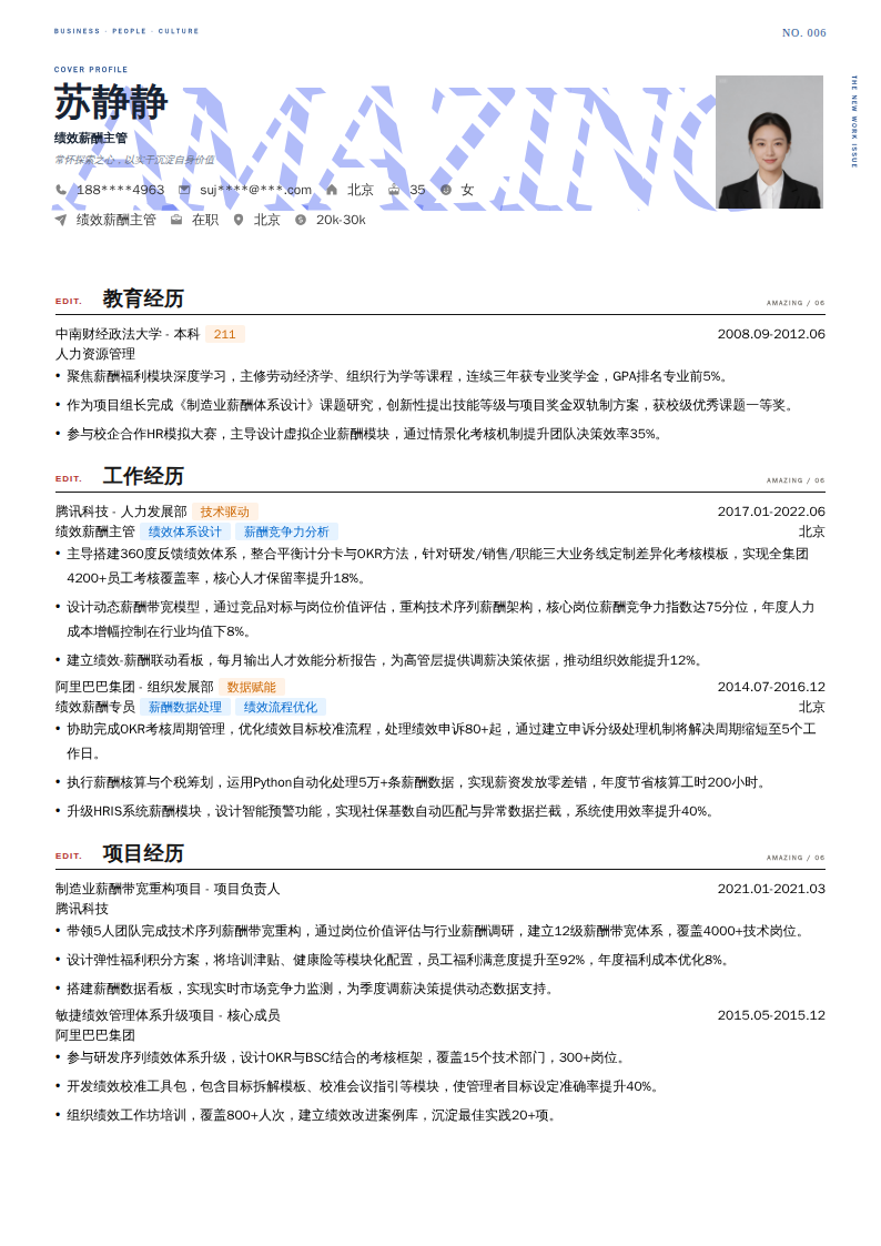 绩效薪酬主管简历模板
