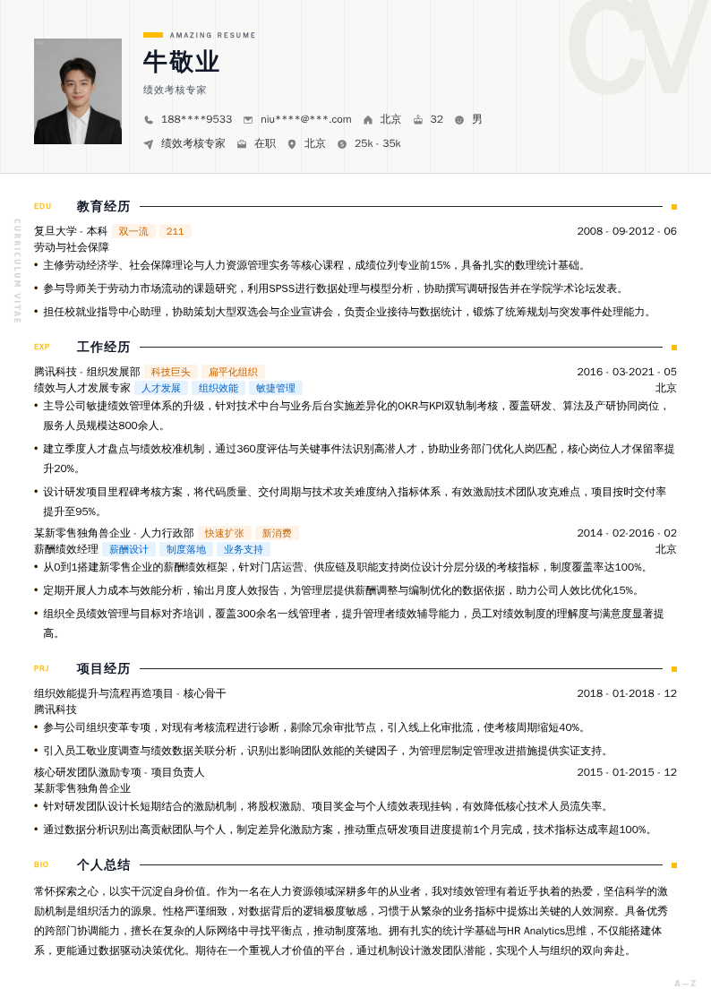 绩效考核专家简历模板