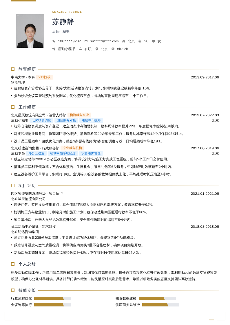 后勤小秘书简历模板