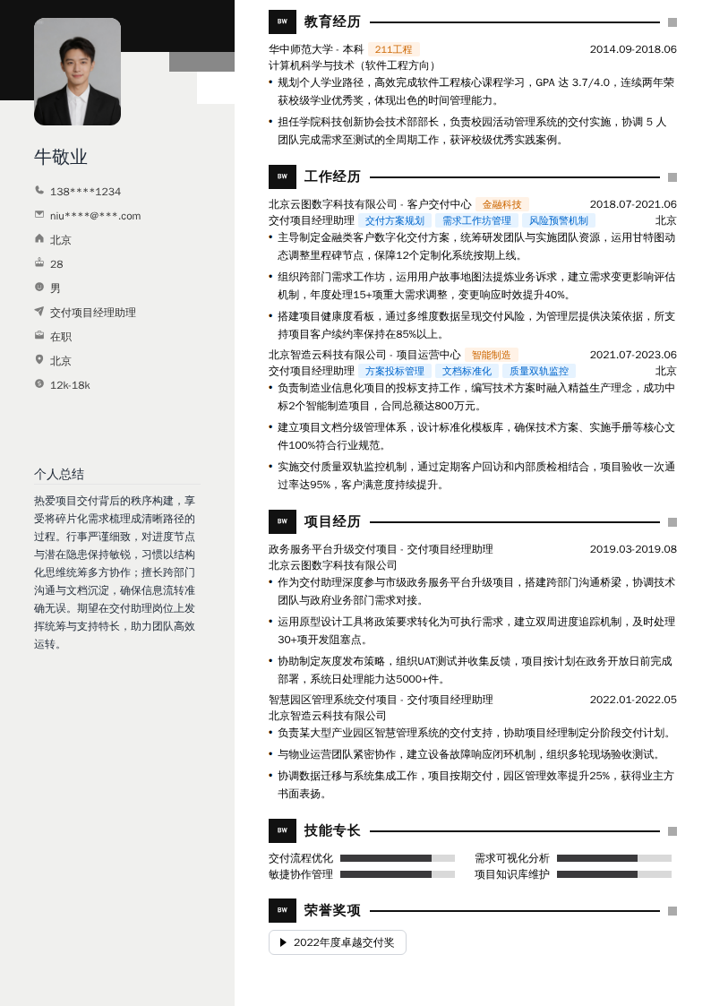 交付项目经理助理简历模板