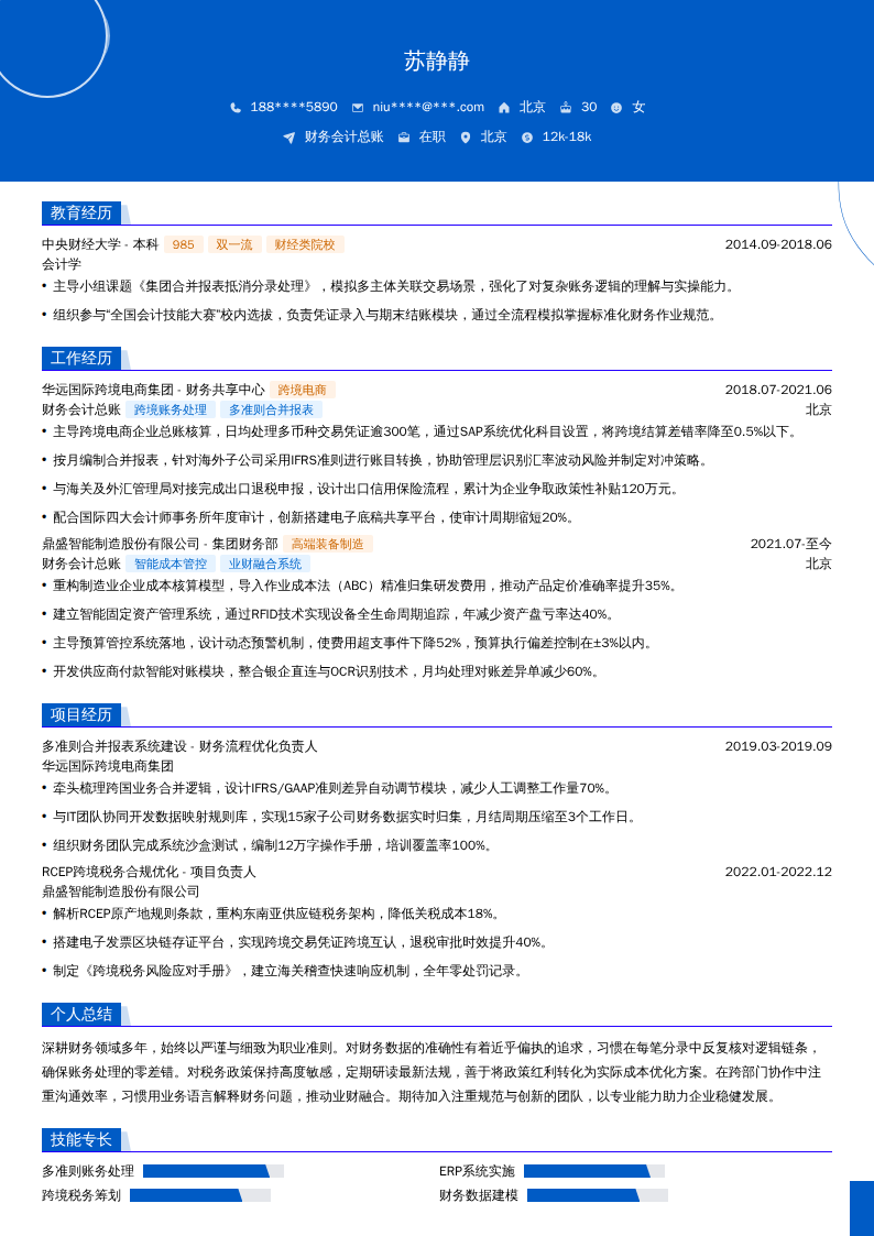 财务会计总账简历模板